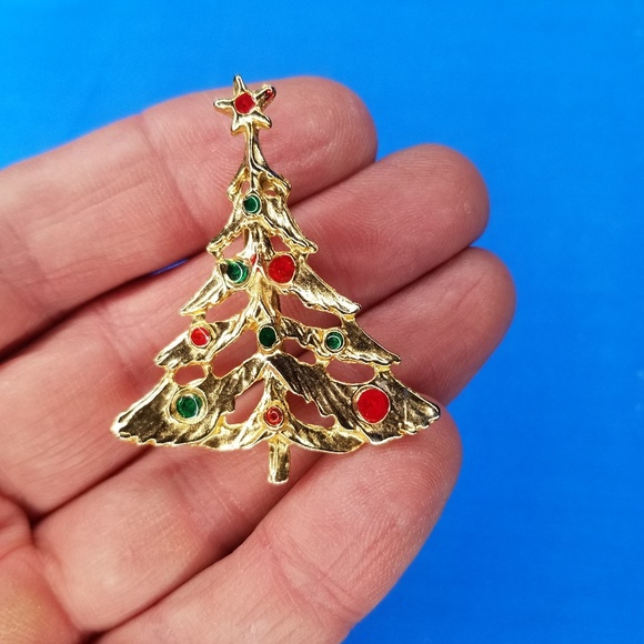 unmarked Jewelry - Vintage Christmas tree pin Brooch Gold Tone BL